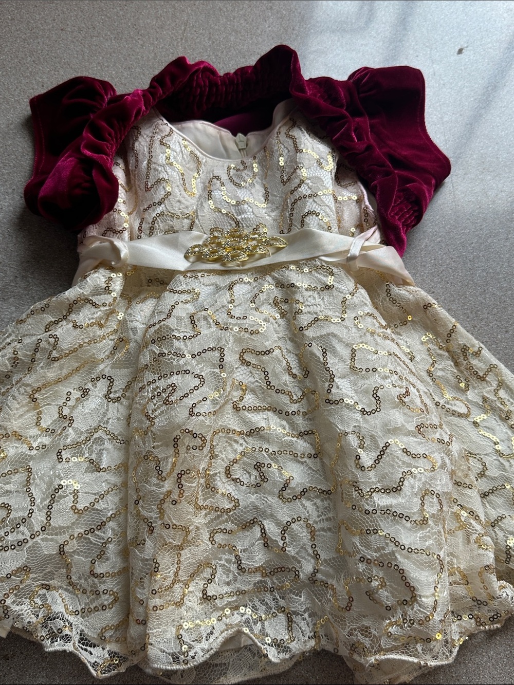 Girls' Ivory & Gold Sequin Party Dress with Burgundy Velvet Bolero